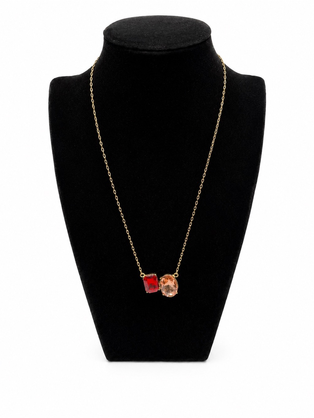Guess Gold Chain Necklace with Red and Peach Gemstone Pendants